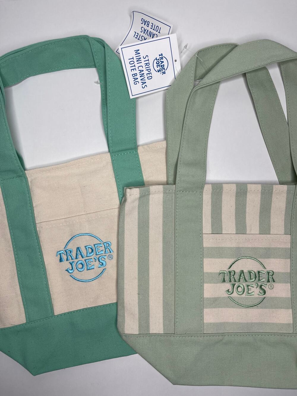 Set of 2! Trader Joe’s Canvas MINI Tote Bag Spring — PASTEL GREEN + GREEN STRIPE